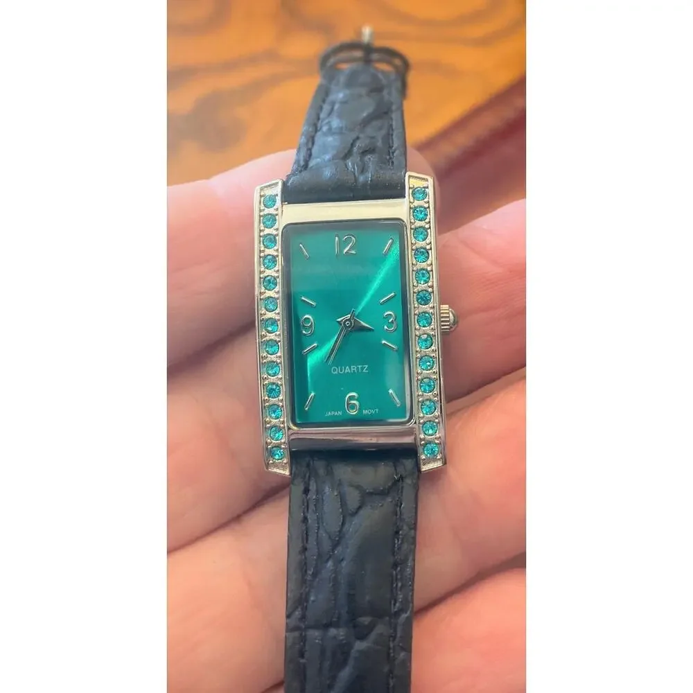 Women's 20mm Silver tone Watch, Green Face and Crystal  Accents, Leather Band